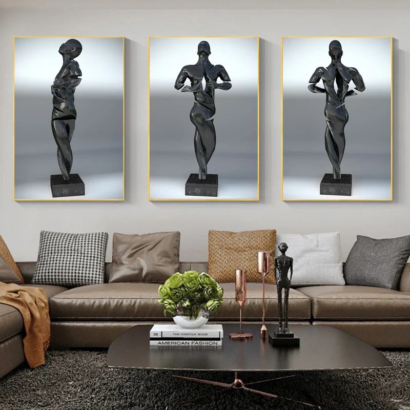 

Modern Canvas Art Painting Metal Figure Statue Poster Abstract Character Wall Pictures for Living Room Interior Home Decoration