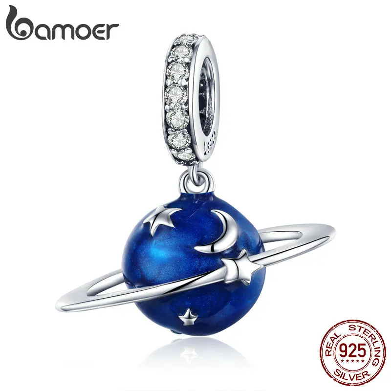 

BAMOER 925 Sterling Silver Secret Planet Moon Star Pendant Blue Enamel Charms Fit Charm Bracelets Necklace Silver Jewelry SCC933