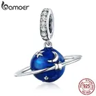 Серебряный кулон BAMOER из серебра 925 пробы с синей эмалью, подвеска в виде планеты, Луны и звезды, очаровательные браслеты, ожерелье, серебряные ювелирные изделия SCC933