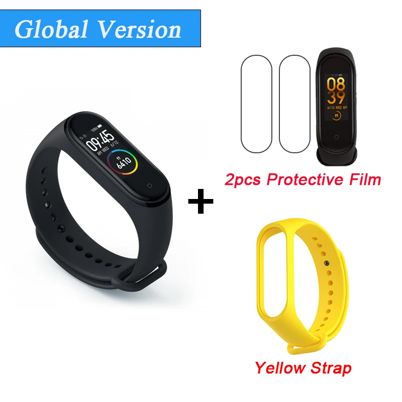 Глобальная версия Xiaomi mi Band 4 Smart mi band 4 водонепроницаемый пульсометр фитнес 135 мАч Bluetooth 5,0 0,9" AMOLED экран - Color: Add 2FilmYellowStrap