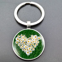 fashion new red rose daisy shaped glass pendant lady key ring jewelry valentines day gift 2021