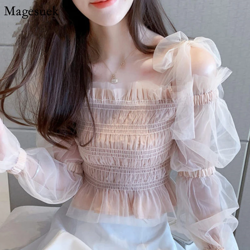 

2021 Korean Chic Fashion Long Sleeve Ladies Tops Blusas Mujer De Moda Lace Sexy Chiffon Shirt Off-Shoulder Woman Blouses 8735