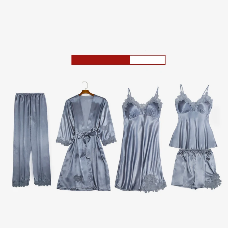 Пижама женская атласная из искусственного шелка комплект 5 предметов домашняя