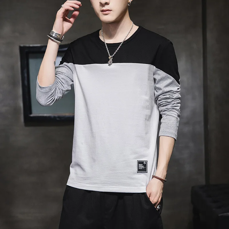 

Fall Men Casual T-Shirts Modern Design Stitching Color Korean Style Slim Patchwork Streetwear Trendy Handsome Boyfriend Clothing