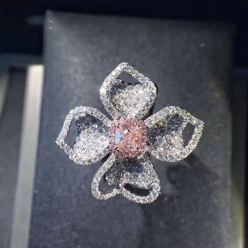 

Fashion Big Rings Exaggerated Flower Hollow Full Inlay Shining Zircon Two Color Jewelry For Women Wedding Charm Cocktail Party