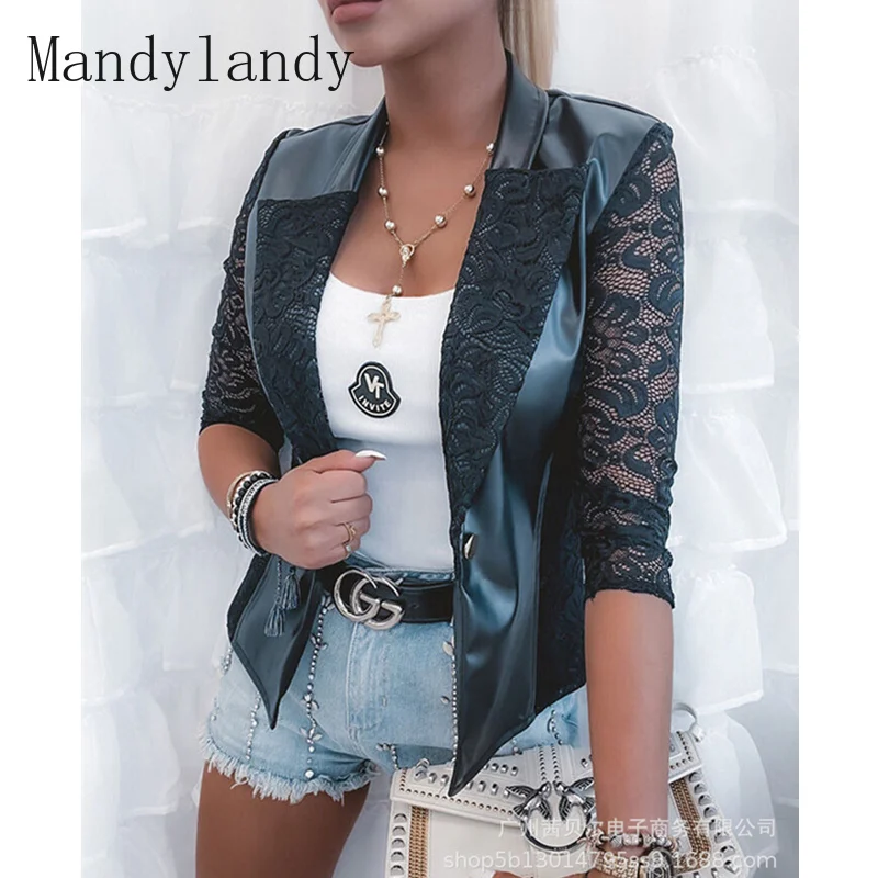 

Mandylandy Women's PU Lace Patchwork Blazer Office Lady Sexy Fashion Turn Down Collar One Button Slim Fit Coat Outwear