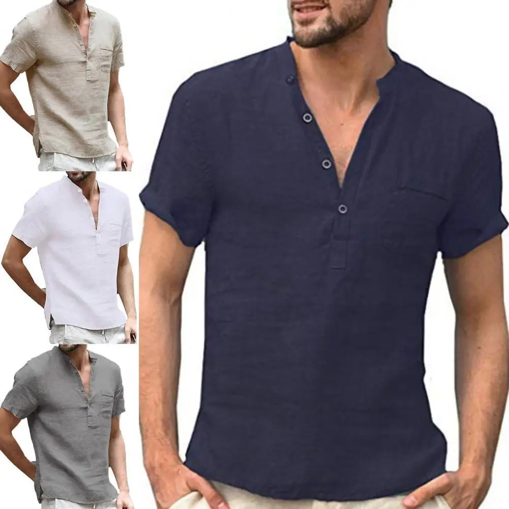 

Solid Color Stand Collar Men Shirt Quick Drying Buttons V Neck Short Sleeve Casual T-shirt Pullover Top