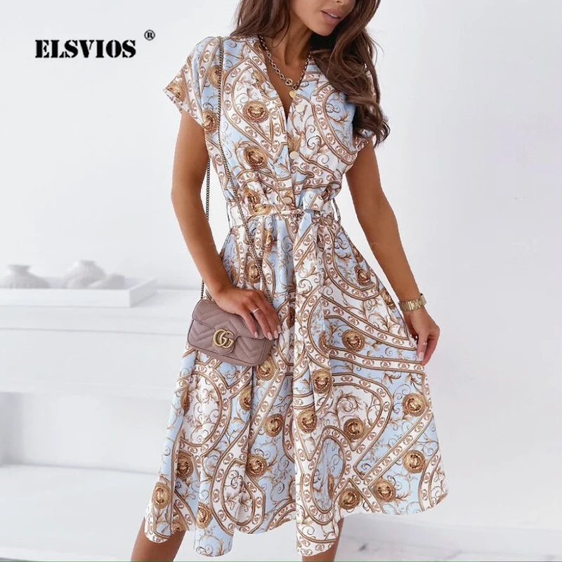 

Summer Elegant Floral Print Dress Women V-neck Short Sleeve Buttons Belt Dress 2021 New Ladies Slim Party A-line Dresses Vestido