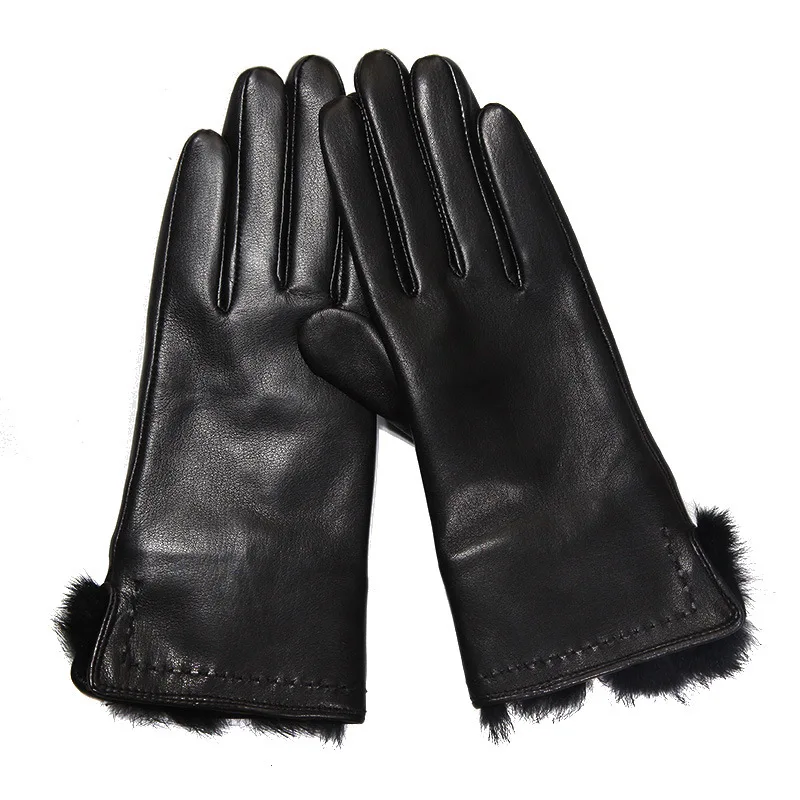 Genuine Leather Women's Gloves Autumn Winter Thermal Plush Lined Wrist Rabbit Hair Black Sheepskin Female L6124-2 | Аксессуары для