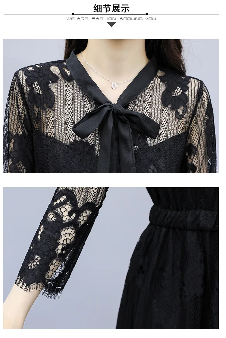 

Spring and autumn dresses, Korean fashion dresses, temperament long dresses, three-quarter sleeve lace dresses