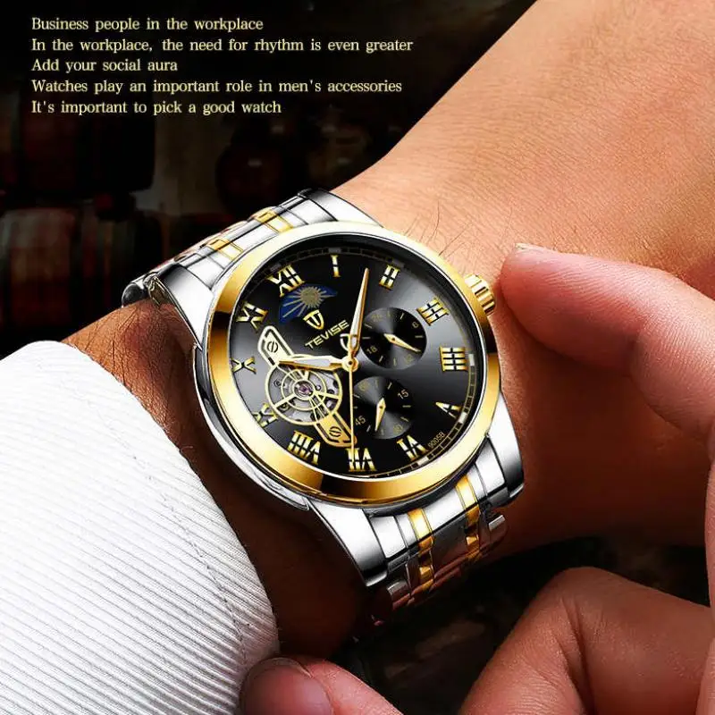 

Tevise Top Luxury Brand Watch Moon Phase Stainless Steel Tourbillon Skeleton Men's Automatic Mechanical Men's Fashion Watch