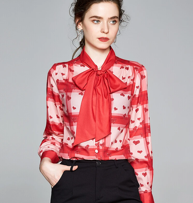 Women's spring autumn Long sleeve heart print shirt female bow collar casual basic OL Shirt plus size chic Blouse TB781