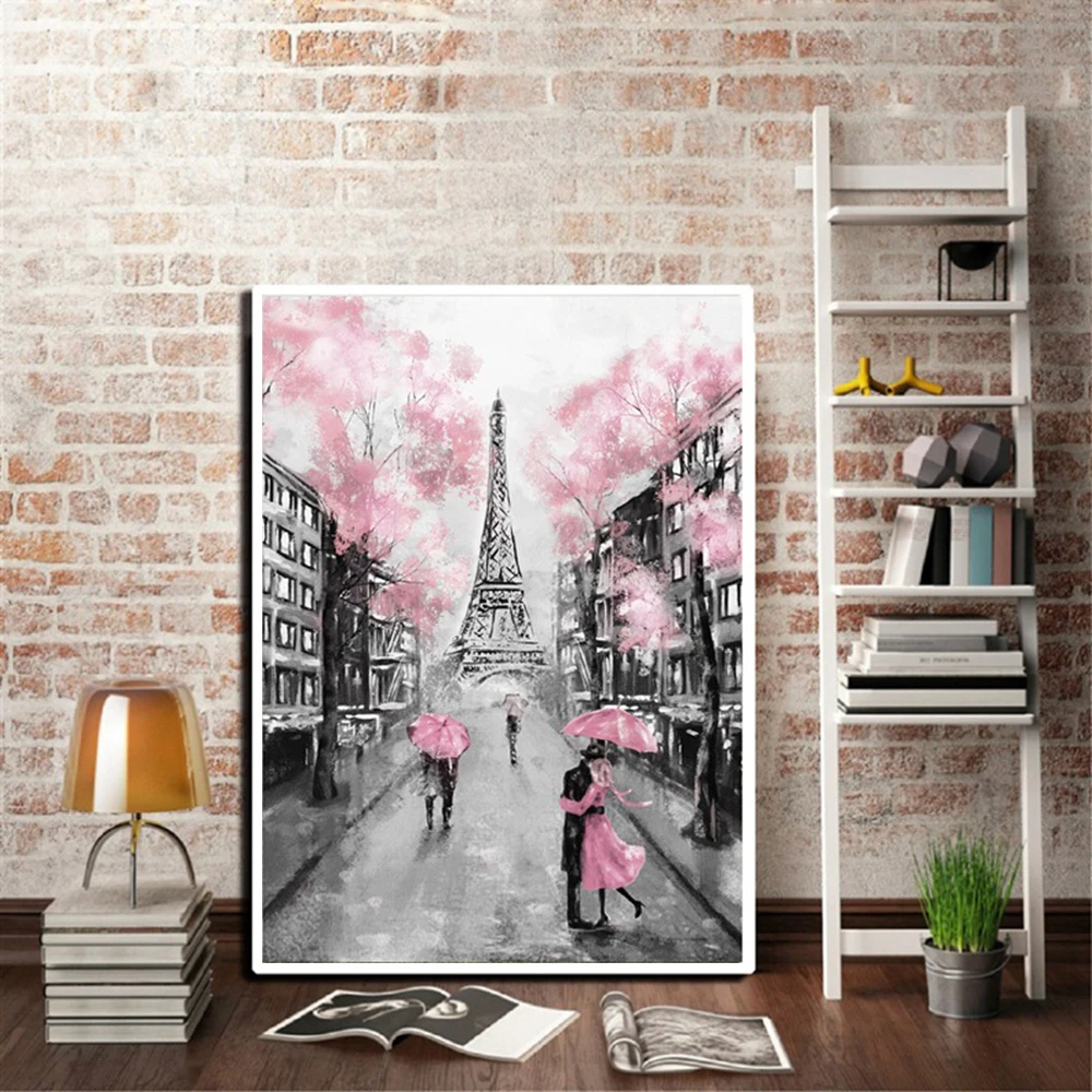 Paris City Eiffel Tower Umbrella On Street Oil Painting Graphic Artwork Canvas Poster Print Cuadros Wall Picture For Living Room | Дом и сад