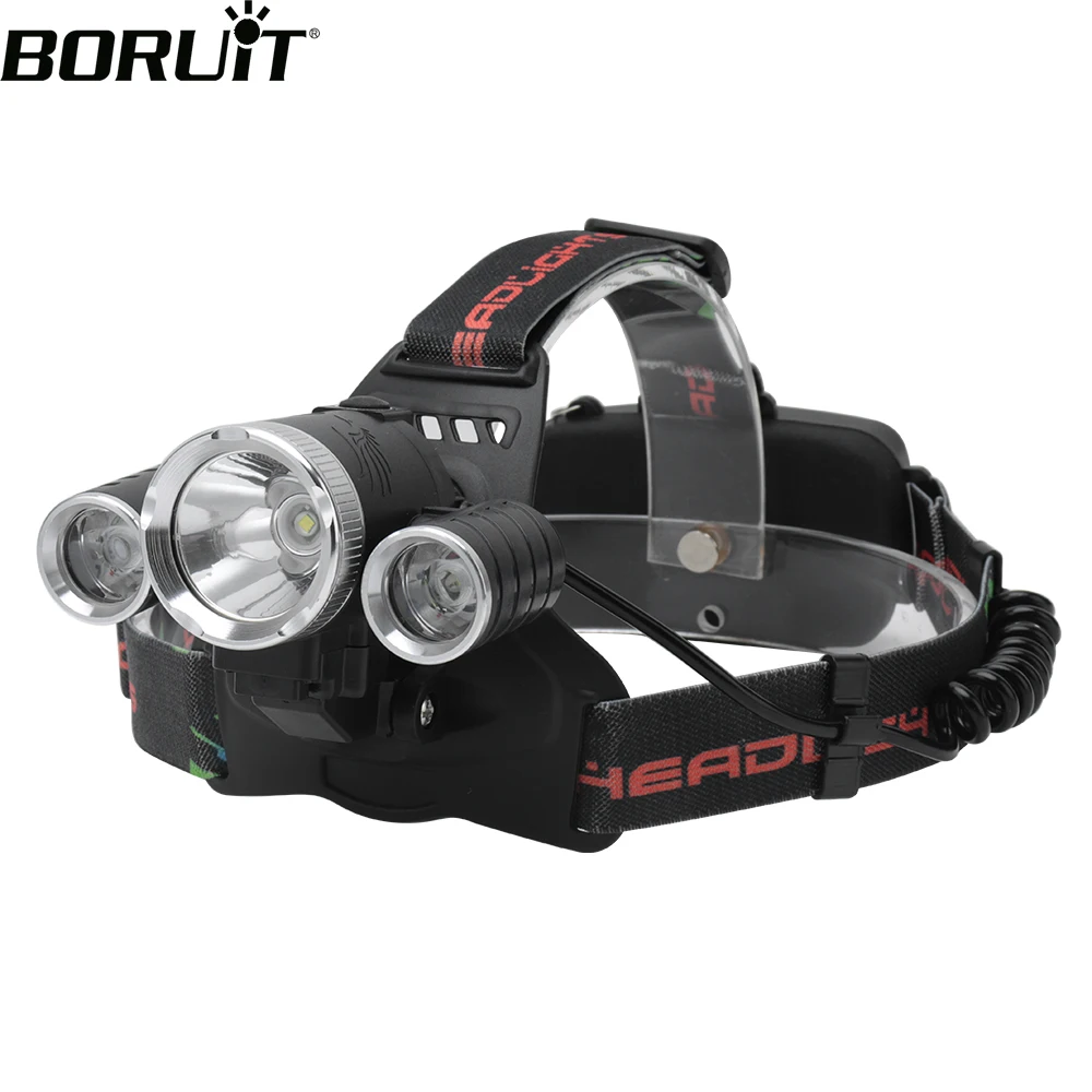 BORUiT T6+2*R2 LED Headlamp 3000LM 4-Mode Headlight Rechargeable 18650 Battery Waterproof Head Torch Bicycle Light for Camping