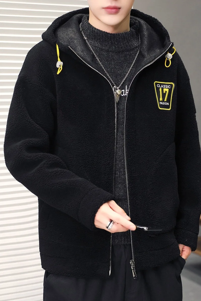 

Men's Hoodies Coat Solid Big Pocket Decor Long Sleeve Lamb Wool Thicken Warm Casual Outdoor Wind-proof Male Quality Jacket