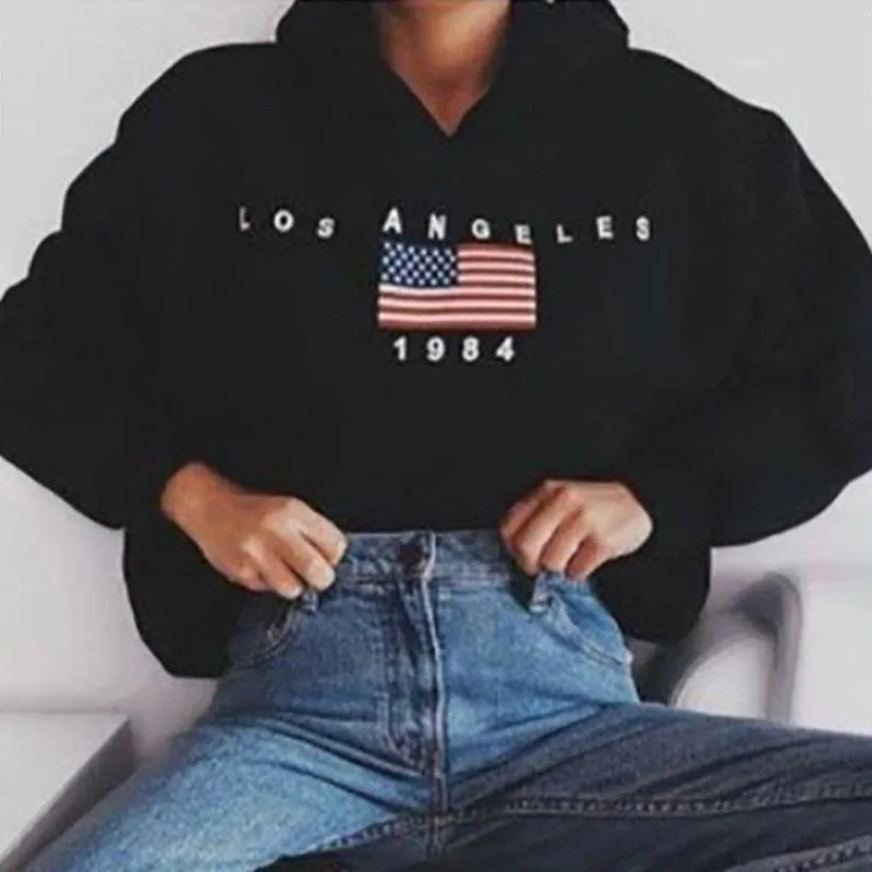

Black American Flag Letter Print Hoodies Women Plus Size Loose Vintage Harajuku Pullover Warm Long Sleeve Fashion Tops USA Style