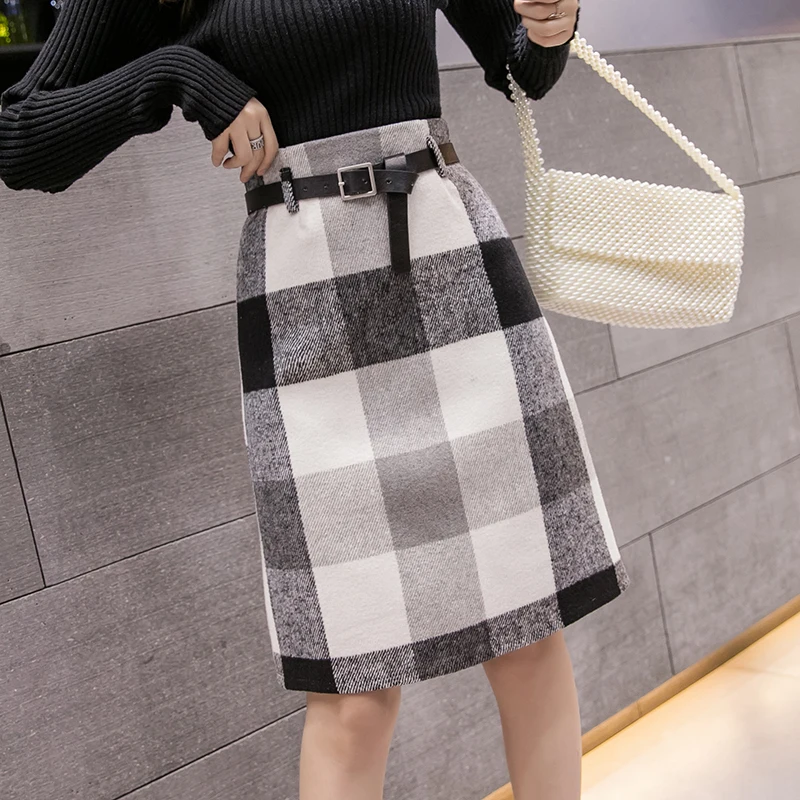 2019 Осень Зима теплые шерстяные юбки с высокой талией трапециевидные Цветные