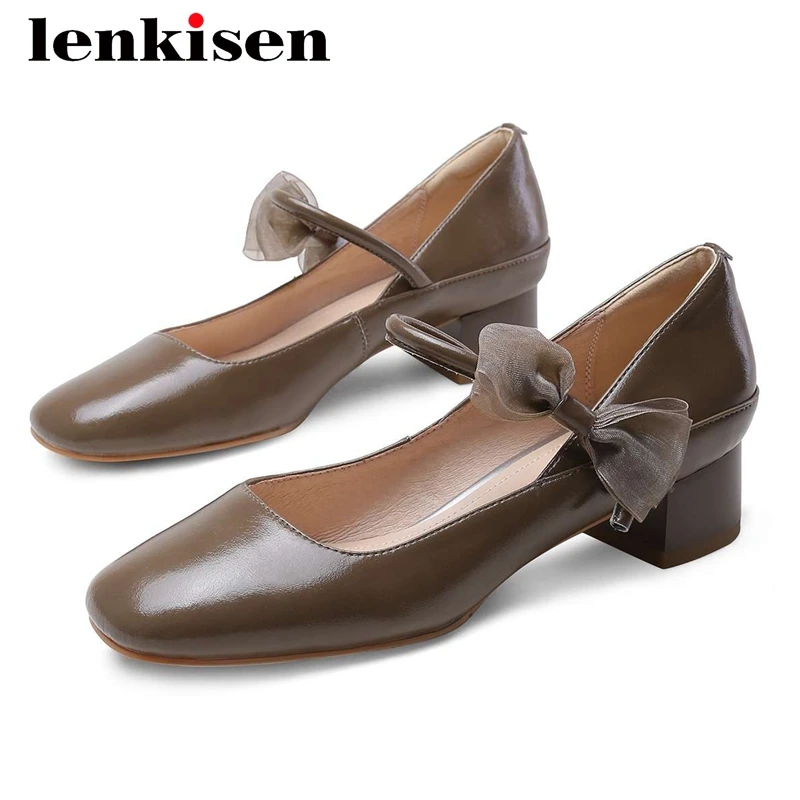 

Lenkisen gladiator cow split leather butterfly-knot fairy round toe thick med heel buckle straps fashion gentlewomen pumps L22