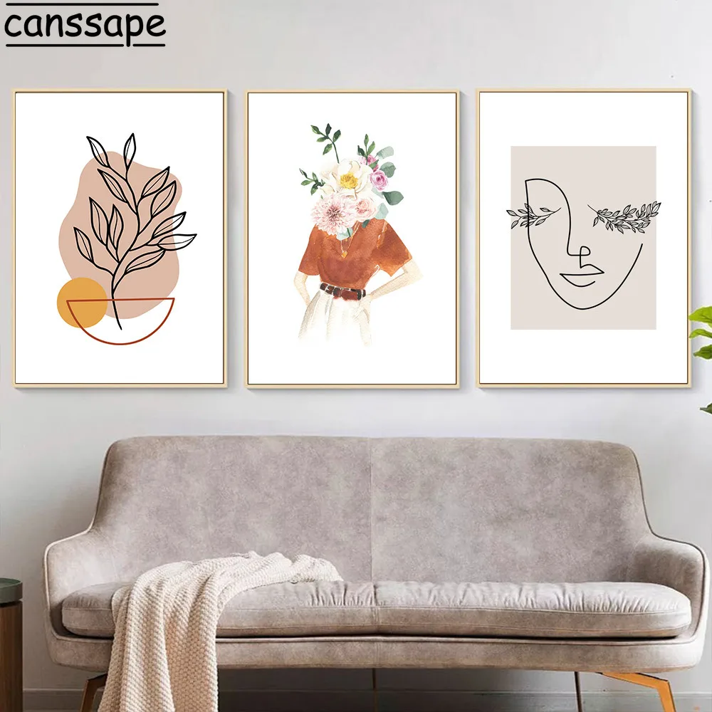 Pink Flower Girl Poster Face Line Drawing Canvas Painting Abstract Woman Wall Art Print Plant Leaf Boho Pictures Home Decor | Дом и сад