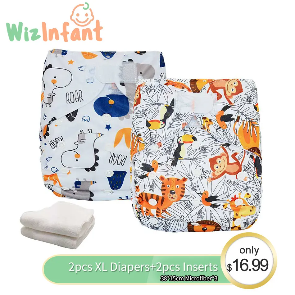 

Wizinfant Big Cloth Pocket Diaper XL Wholesale 2 Pcs Diaper+2 PCS Insert For Baby Nappy Ecologically friendly Reusable Diapers