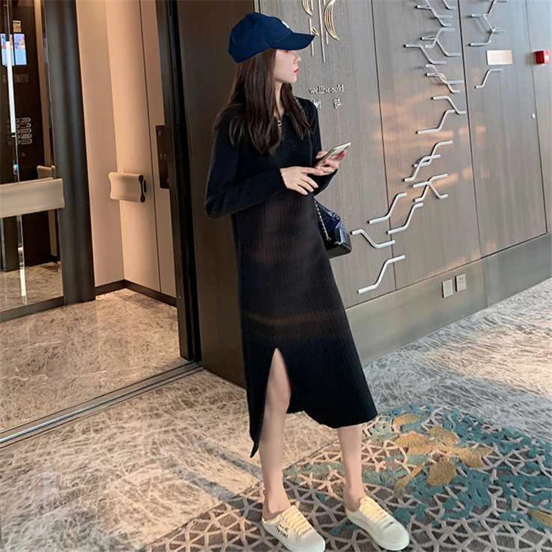 

2021 Autumn Winter Midi Sweater Dress Casual Loose Side Split Polo Collar Pleated Knitwear Dress Elegant Long Sleeve Thick Dress