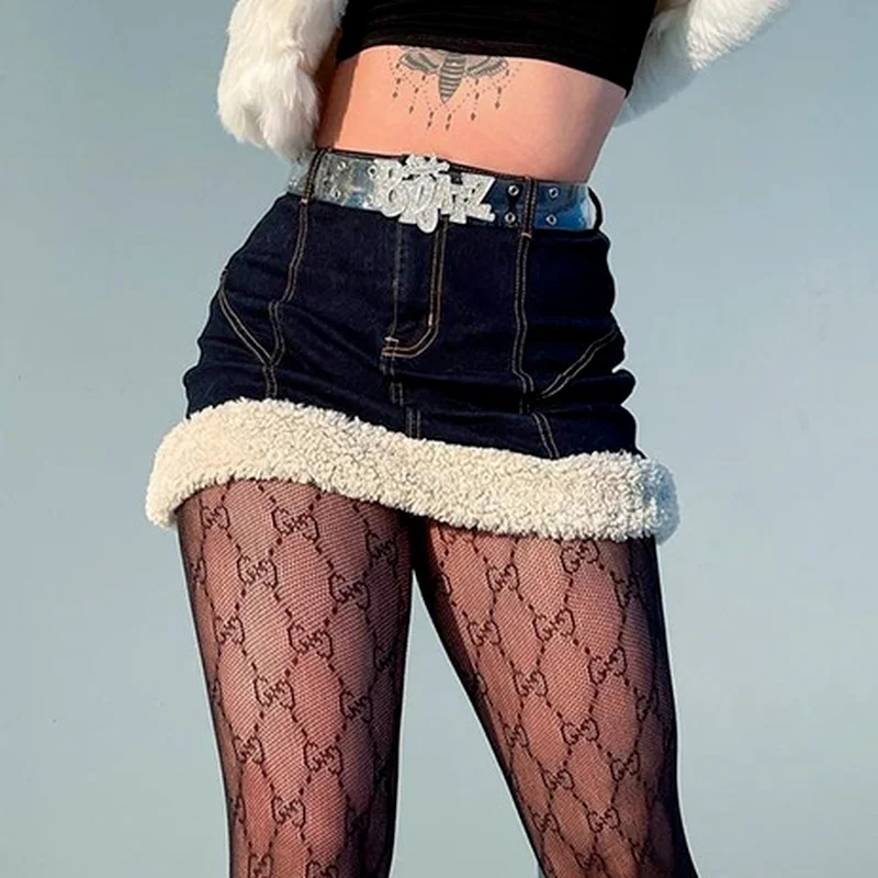 

Autumn and Winter New Women's Lamb Wool Stitching Solid Color Slim Skirt Fashion High Waist Hip Fashion Denim Medieval Skirt