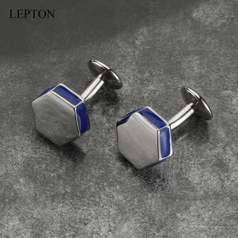 Lepton синие эмалированные запонки для мужчин серебряного цвета, металлические шестигранные запонки, мужские деловые запонки Relojes Gemelos, Прямая доставка