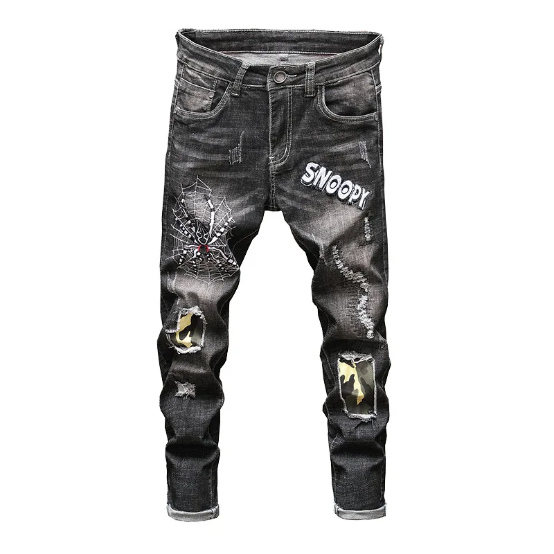 

Personality Black Grey Color Spider Embroidery Goth Jeans Men's Slim Stretch Denim Pants Youth Casual Ripped Cowboys Trousers