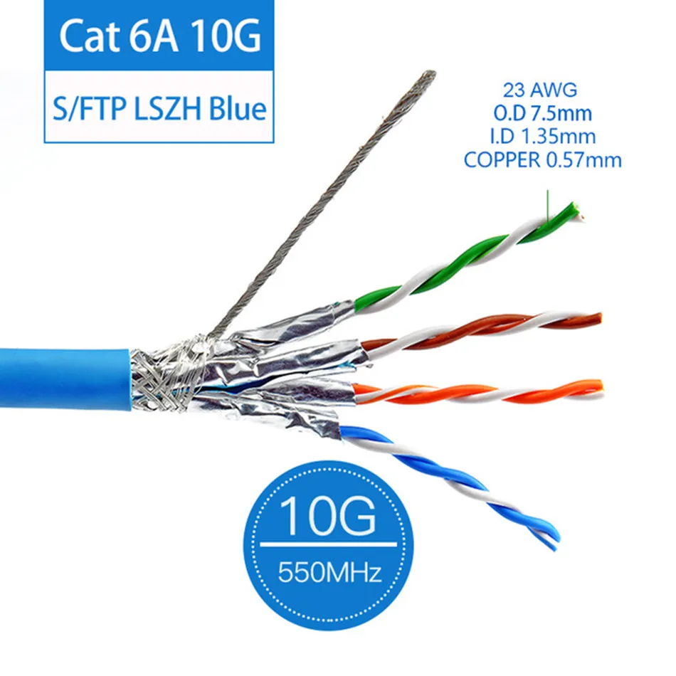 Ethernet Кабель Cat 6a S/FTP Lan кабели для установки двойной экран твердая медь AWG23 0 57 мм 10 г