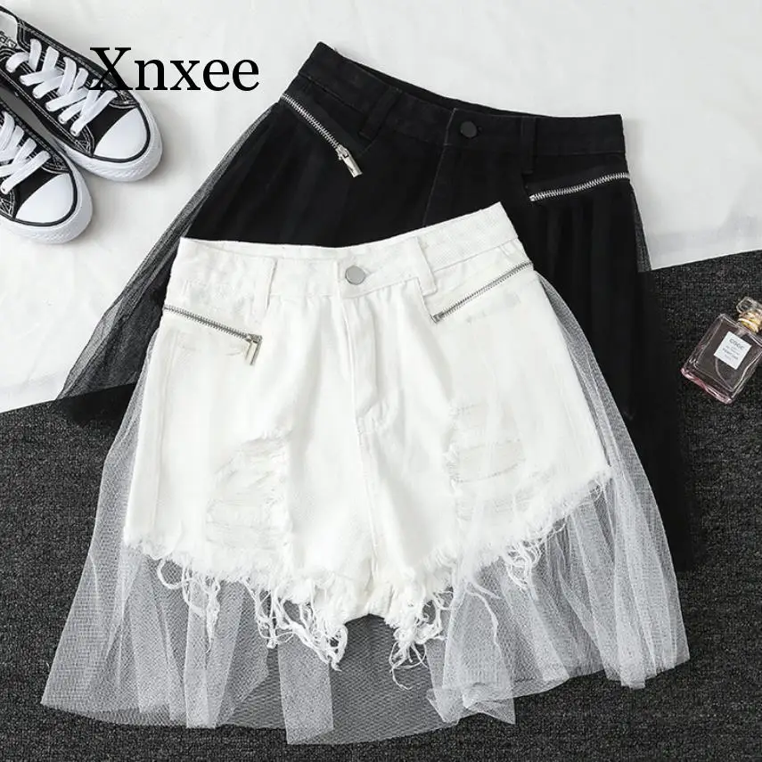 

Летние пляжные белые черные шорты, джинсовые шорты, шифоновые джинсовые шорты с дырками, женские сетчатые новые горячие шорты с завышенной талией и имитацией двух рядов