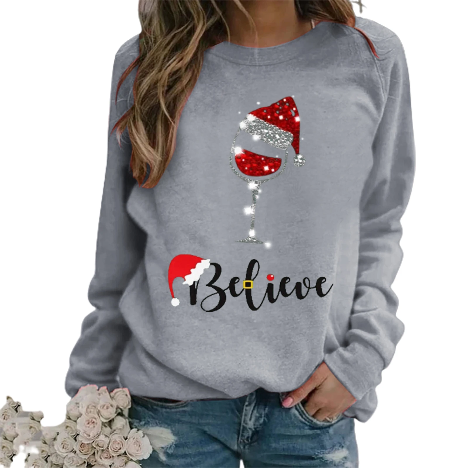 Женский пуловер с длинным рукавом рождественским принтом Свободный свитшот