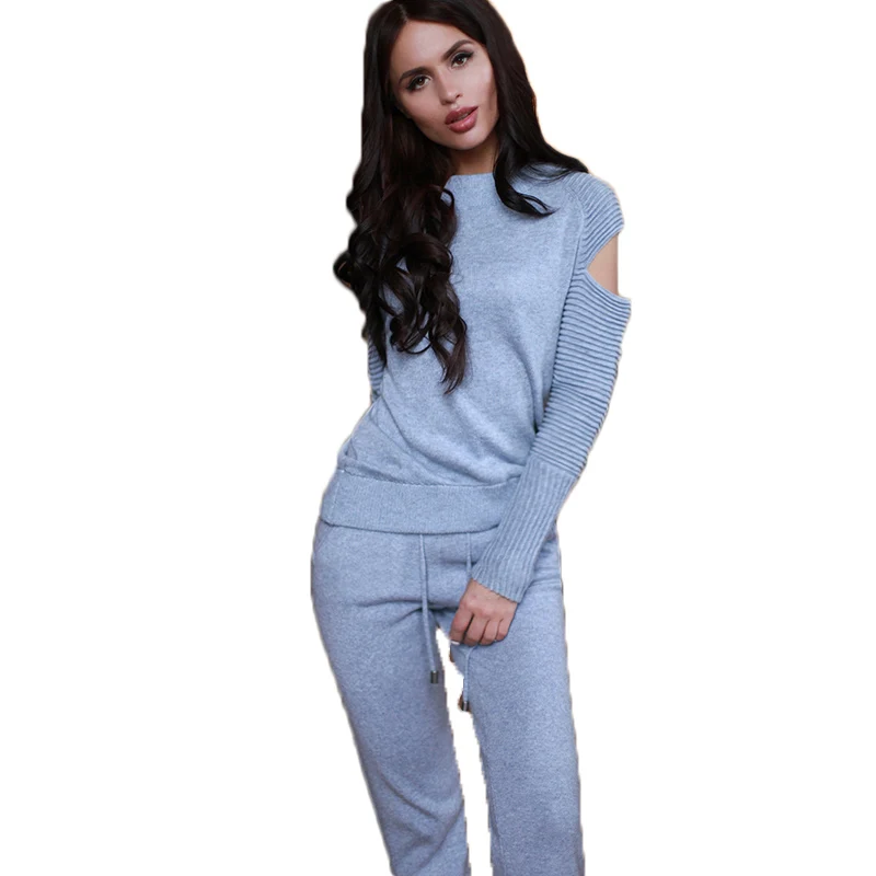 Женский свитер + штаны набор Повседневный Круглый с открытыми плечами