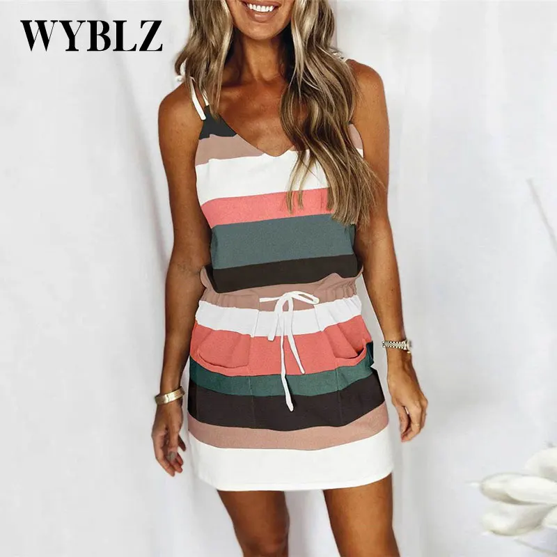 

New Style European and American Women's Dress with Drawstring Casual Loose Print Striped Tank Top Dress Spaghetti Strap Vestidos