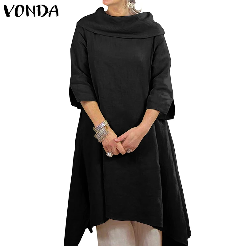 Черный Осеннее платье повседневное поддельные драпированные шарф шеи Половина рукава платья VONDA свободный пляжный сарафан богемные Vestidos плюс размер - Цвет: Черный