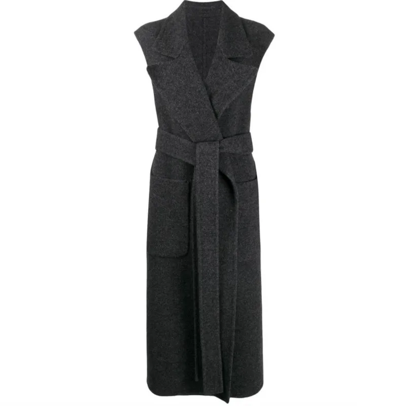 

LANMREM gray open stitch adjustable waist long sleeveless coat autumn warm turn-down collar all-match vest 2021 female 2A1532