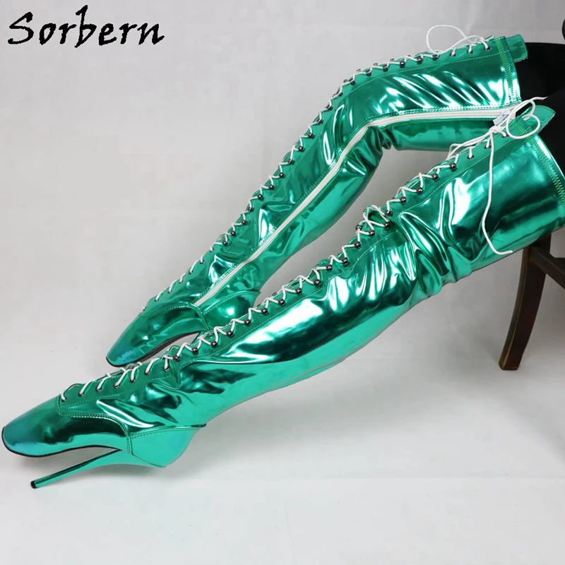 Sorbern/женские сапоги до середины бедра цвета металлик, зеленого цвета, балетные туфли на высоком каблуке, ботинки унисекс на шнуровке, пикантные туфли на высоком каблуке, Новинка