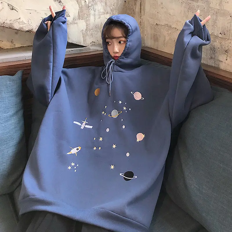 

Blue Black Hoodies Women Sweatshirts Kawaii Embroidery Oversize Large Size 2XL Harajuku Streetwear Unisex Fashion Casual Tops