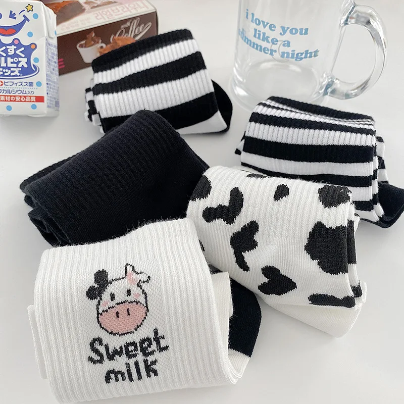 

5 pairs Striped socks funny cow print white cartoon calcetines cozy skarpetki damskie cute animal chaussettes kawaii happy sock