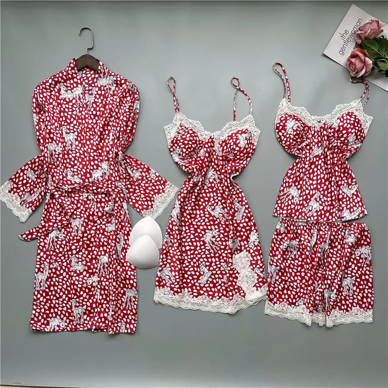

Printed Deer Cute Pajamas Set Women 4pcs Sleepwear Sexy Robe Kimono Gown Silky Satin Nightwear Nightgown Loose Home Clothes
