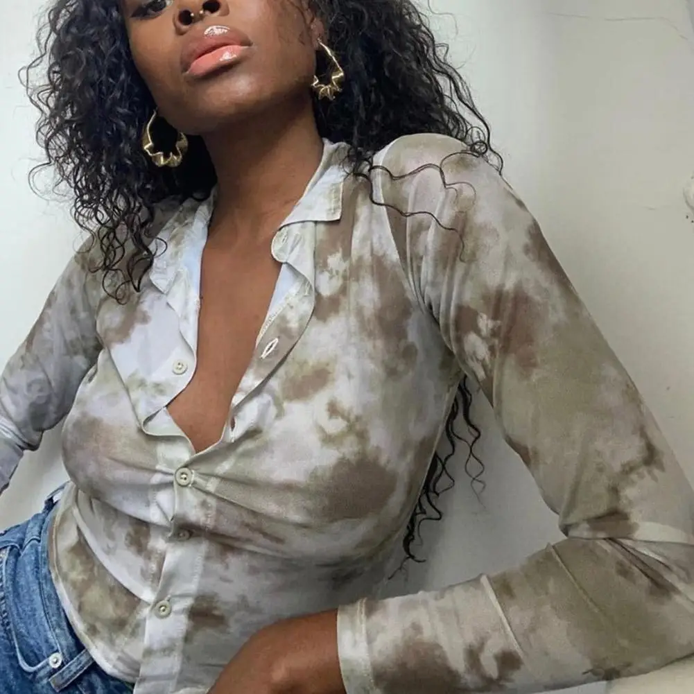 

2021 Fashion Tie Dye Print Crop Top Women Summer Spring Party Shirts Blouses Long Tops Sleeve Basic See-through Sexy T-Shir K9I2