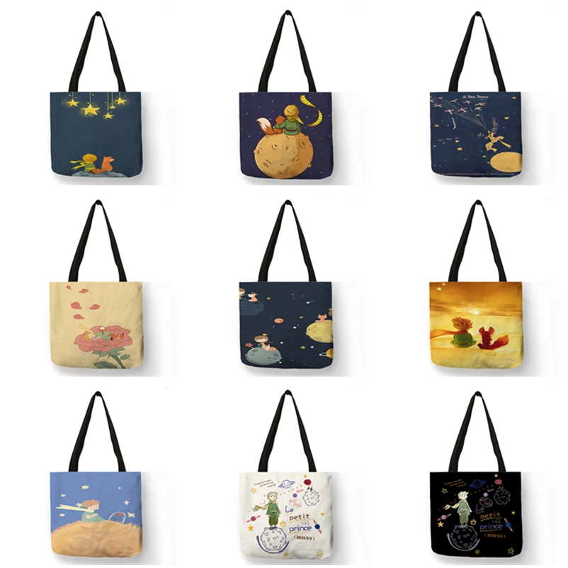Women Shopping Bag Cartoon Le Petit Prince Fox Rose Print Ladies Shoulder Handbags Reusable Grocery Shopper Tote Bags Gift |