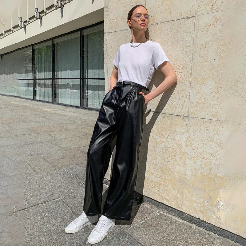 

Новые поступления, женские черные широкие брюки из искусственной кожи, уличная мода, модные кожаные брюки с карманами и высокой талией, повс...