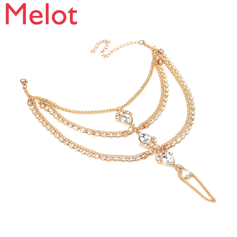 

European and American Fashion Metal Chain Diamond Tassel Anklet Women's Multi-Layer Water Drop Rhinestone Anklet