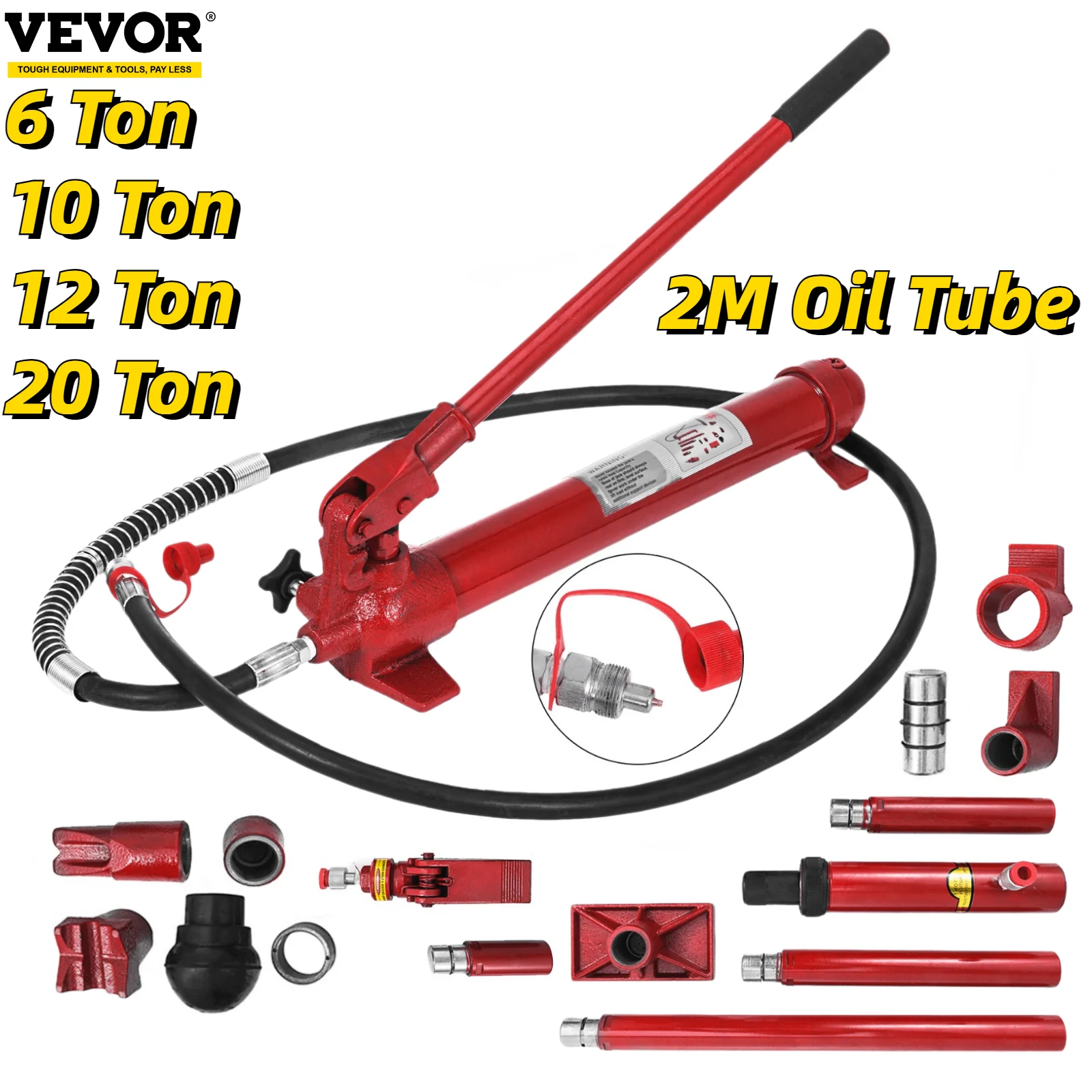 

VEVOR Power Hydraulic Jack Kit 6/10/12/20 Ton with 2M Oil Tube Autobody Frame Repair Tools for Truck Farm Manual Lifting Jack