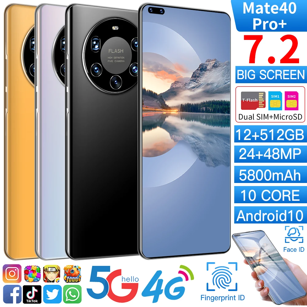 Brand New Ultra Thin Mate40 Pro+ Smartphone 5800mAh Full Screen 7.2 Inch Deca Core 12GB 512GB 4G LTE 5G Network Cellphones