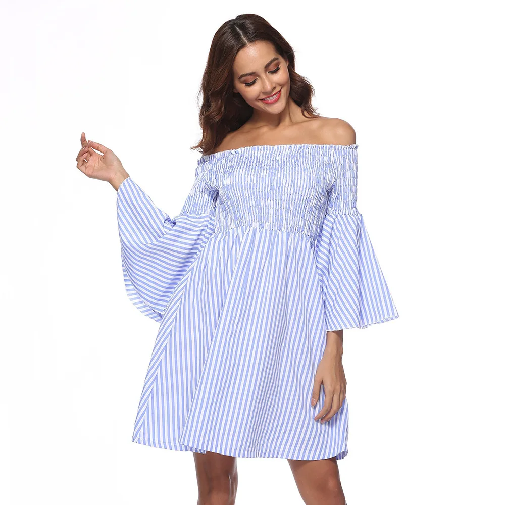 Sexy Off Shoulder Party Mini Dresses Elegant Vintage Stripe Lantern Long Sleeve Summer Holiday Style Beach Boho Dress Vestidos |