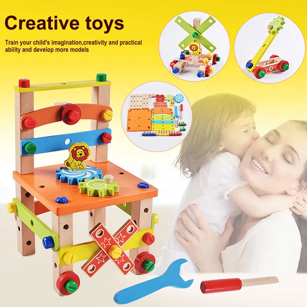 

Деревянный стул для разборки, инструмент для сборки стула, детские игрушки-пазлы, развивающие игрушки для девочек и мальчиков, пазлы # G