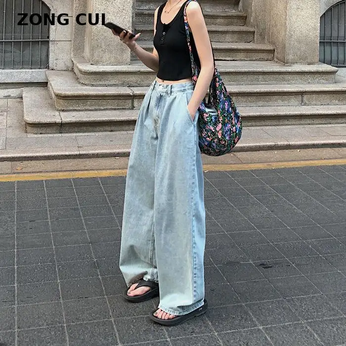 

Женские джинсы с широкими штанинами, светло-голубые свободные прямые джинсы в уличном стиле, повседневные длинные брюки оверсайз, весна-лет...