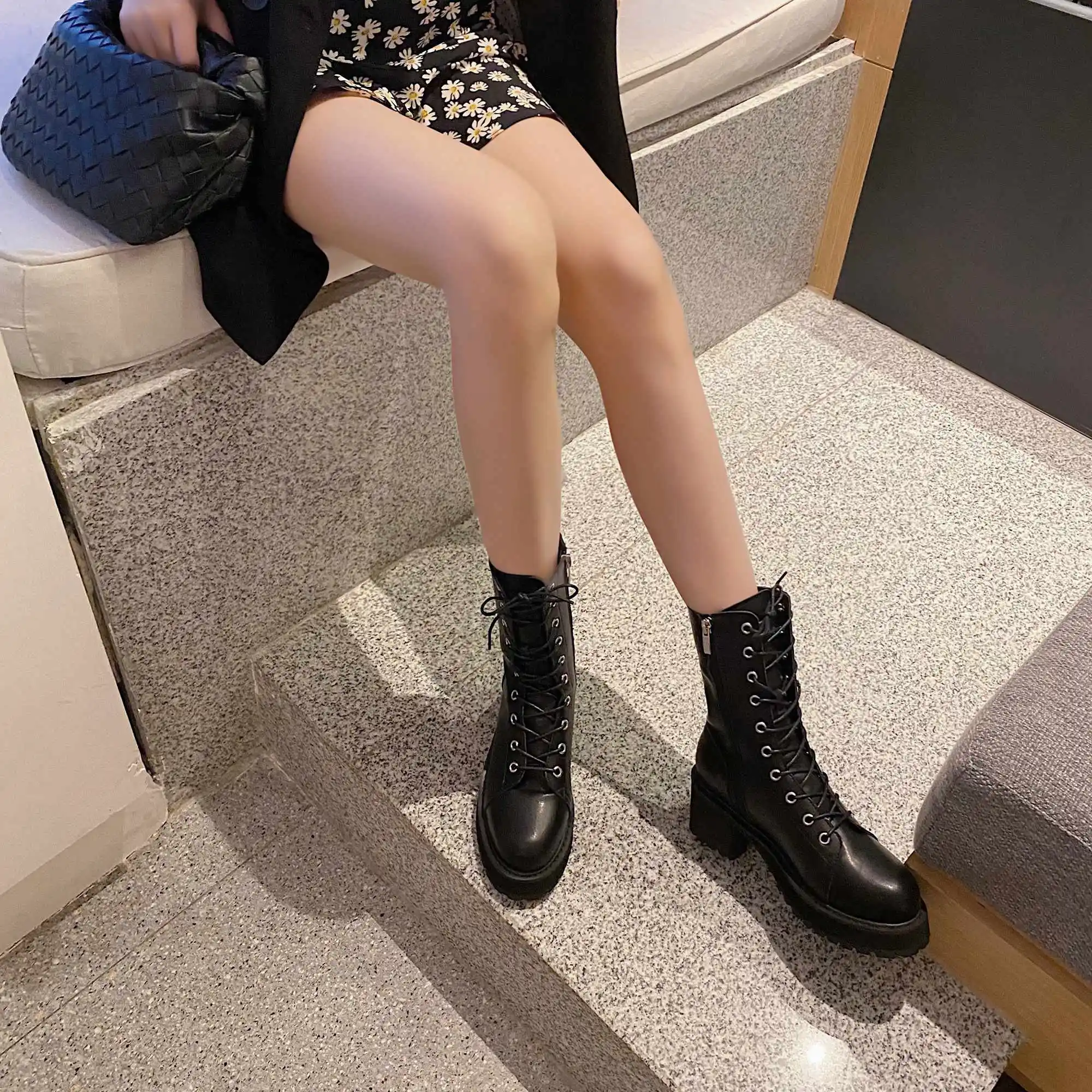 

krazing pot motorcycle boots natural leather platform chic thick high heel round toe zip elegant lady mature mid-calf boots L13