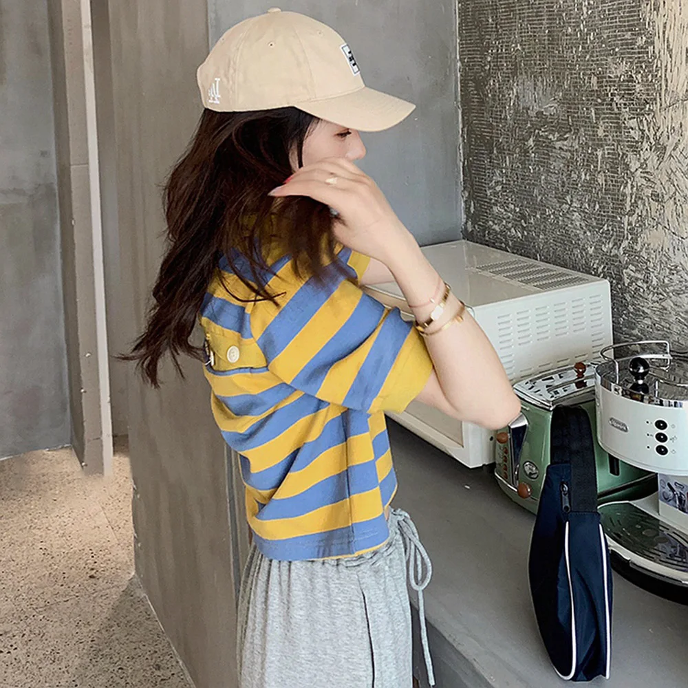 

Женская Полосатая Студенческая футболка, топ с рукавом до локтя, дизайнерская рубашка-поло, модная летняя футболка для молодых девушек, нов...